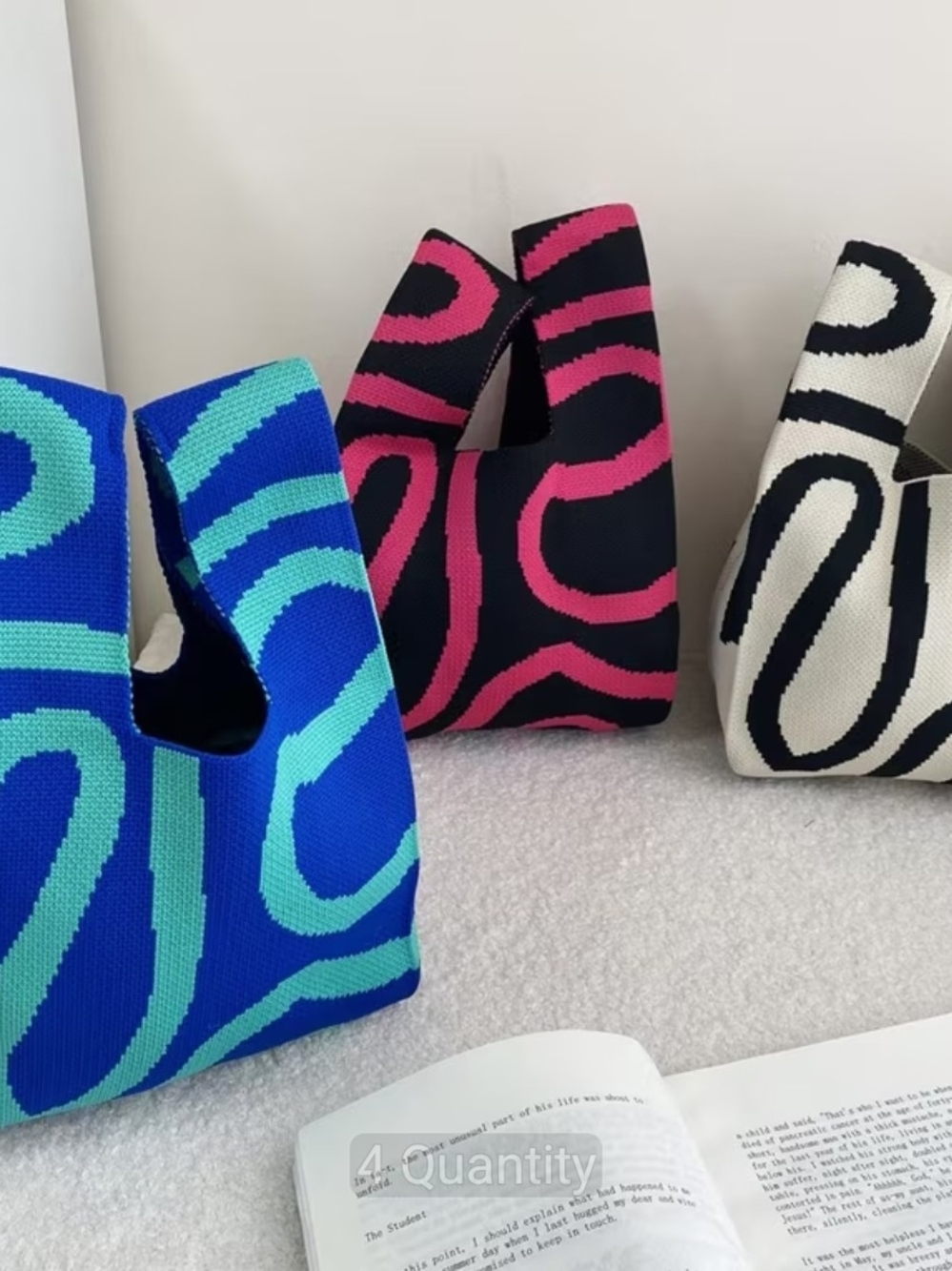 3 Pieces Stylish Knit Tote Bag in Black,Blue  & Pink